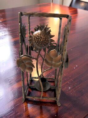 Vintage Bronze Tone Copper Square Sunflower Footed Candlestick Holder